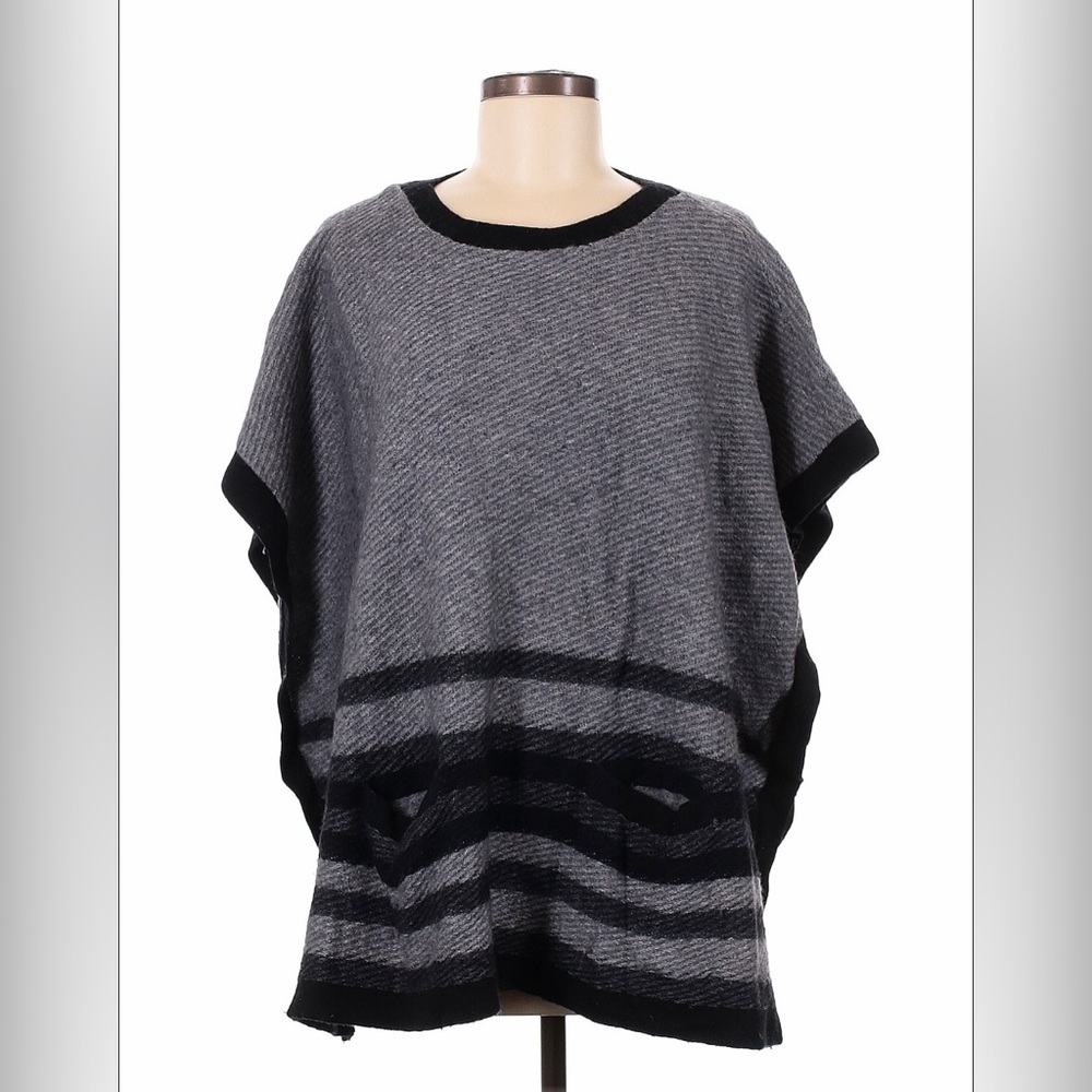 J. Jill Gray Black Striped Wool Blend Knit Poncho Sweater Wrap One Size Pockets - Picture 2 of 4